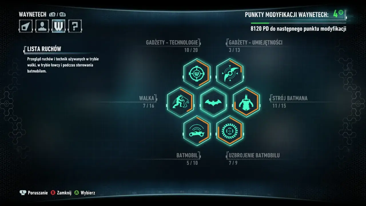 Menu gry Batman Arkham Knight. Widok drzewka umiejętności Waynetech, gdzie można ulepszać gadżety, walkę, batmobil i strój.