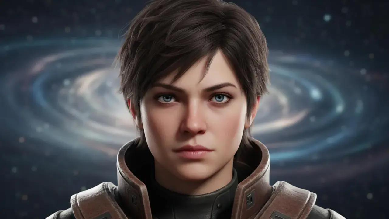 Młoda kobieta o niebieskich oczach i krótkich brązowych włosach, ubrana w skórzaną kurtkę. Idealna jako awatary do gier science-fiction.