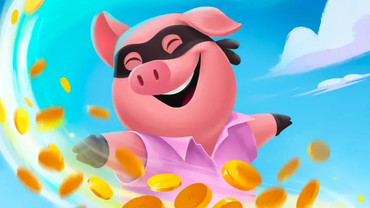 Uśmiechnięta świnka w masce złodziejaszka, otoczona spadającymi monetami. Prawdziwy mistrz spiny coin masters!