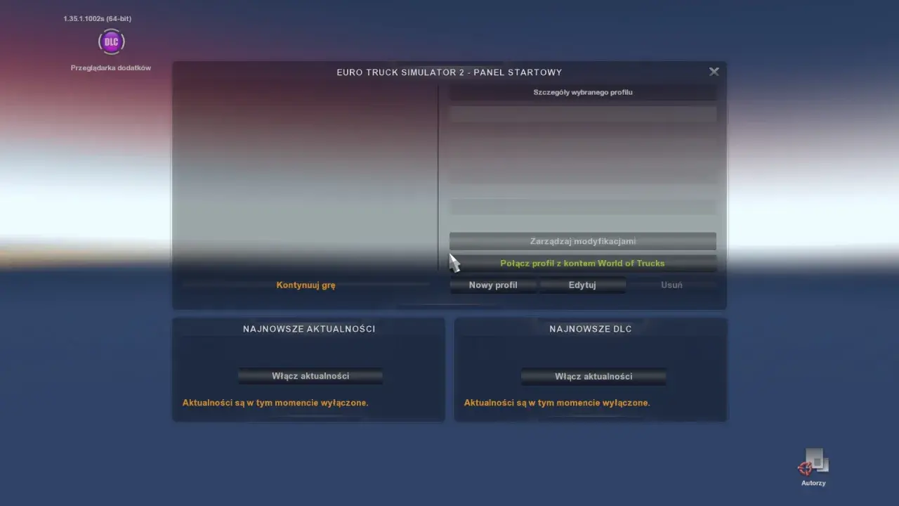 Panel startowy Euro Truck Simulator 2. Możesz kontynuować grę, edytować lub usunąć swój ets 2 save.