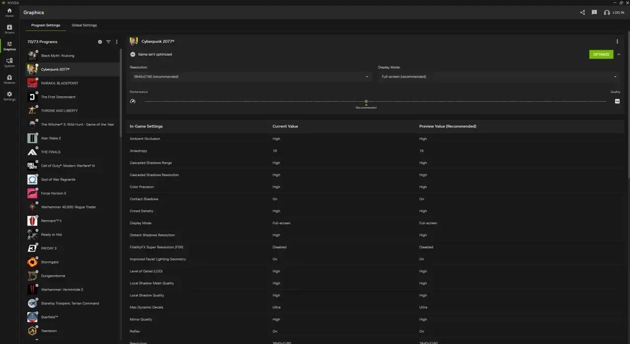NVIDIA Experience pokazuje ustawienia graficzne dla Cyberpunk 2077, z opcją optymalizacji i listą parametrów gry.