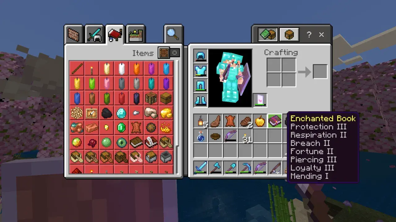 Gracz w Minecraft pokazuje, jak zrobić książkę z zaklęciami, prezentując wiele zaklęć, takich jak Ochrona III i Szczęście II.