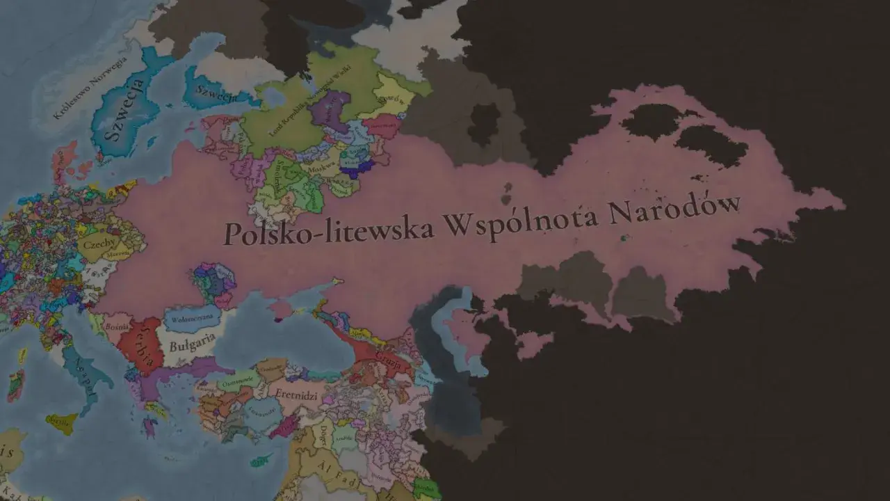 Mapa Europy w grze Europa Universalis 4. Potężna Rzeczpospolita rozciąga się od Bałtyku po Morze Czarne.