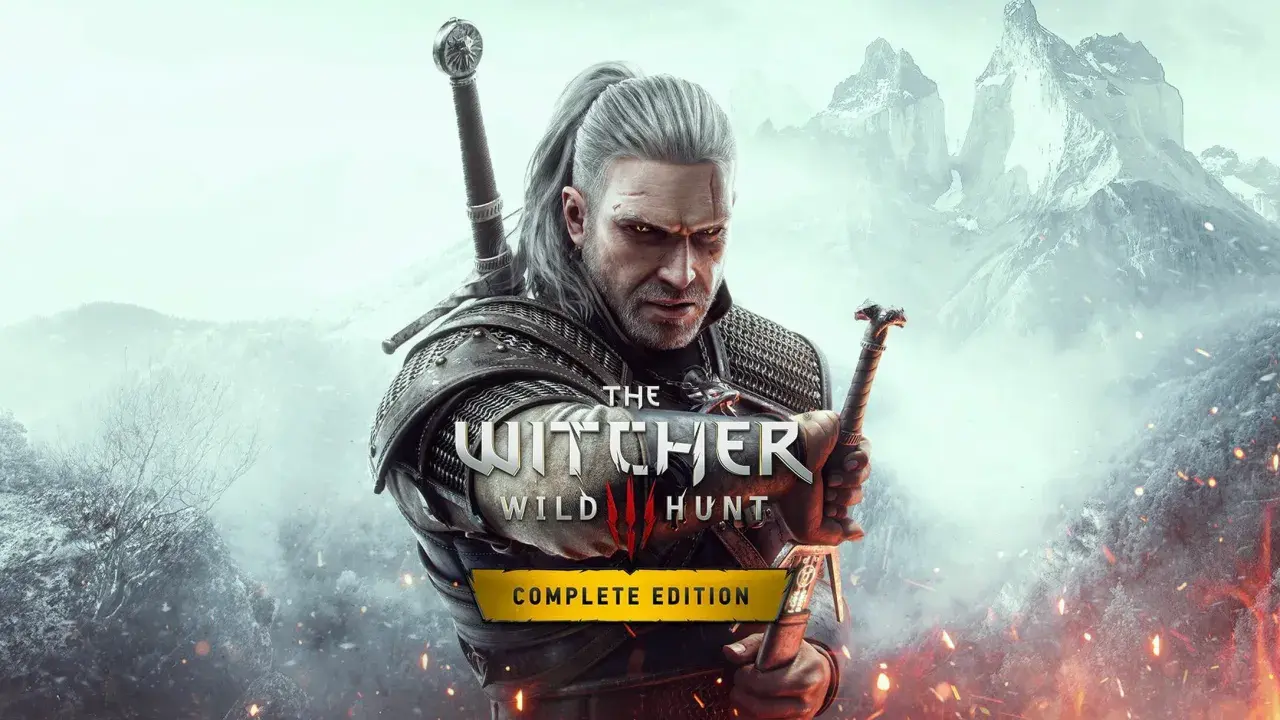 Geralt z Rivii, wróg publiczny Wiedźmin 3, gotowy do walki na tle zimowych gór i płomieni.