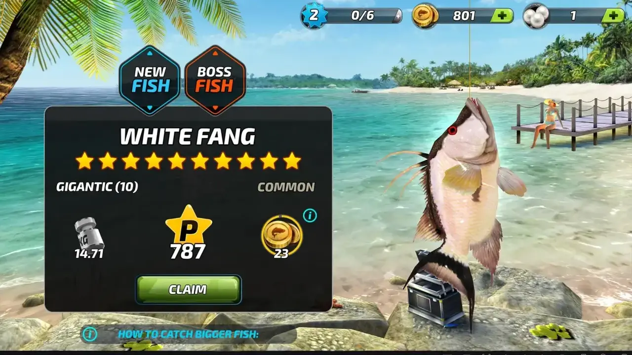 W grze Fishing Clash złowiono rybę White Fang. Gracz zdobył 787 punktów i 23 monety.