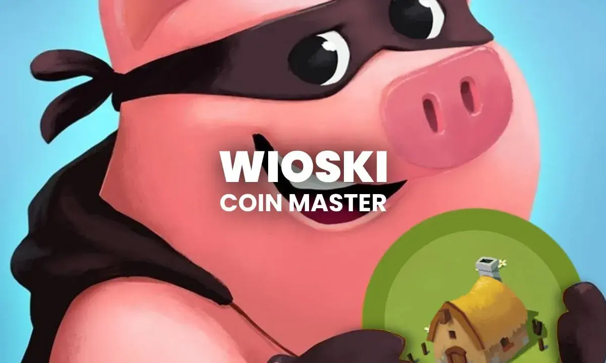 Świnia w masce złodzieja trzyma domek z gry Coin Master. Poznaj ceny wiosek Coin Master i buduj swoje imperium!