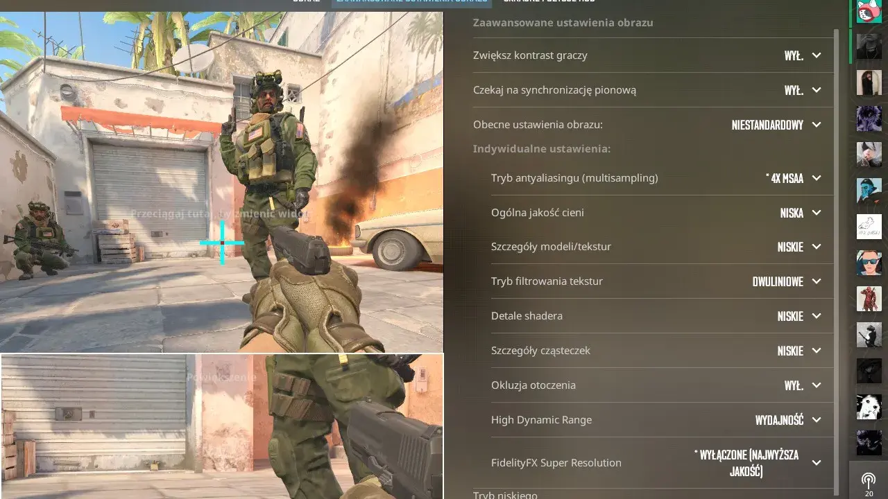 Ustawienia grafiki gry: opcje uruchamiania Steam, zaawansowane ustawienia obrazu, jakość cieni, tekstur i detali.