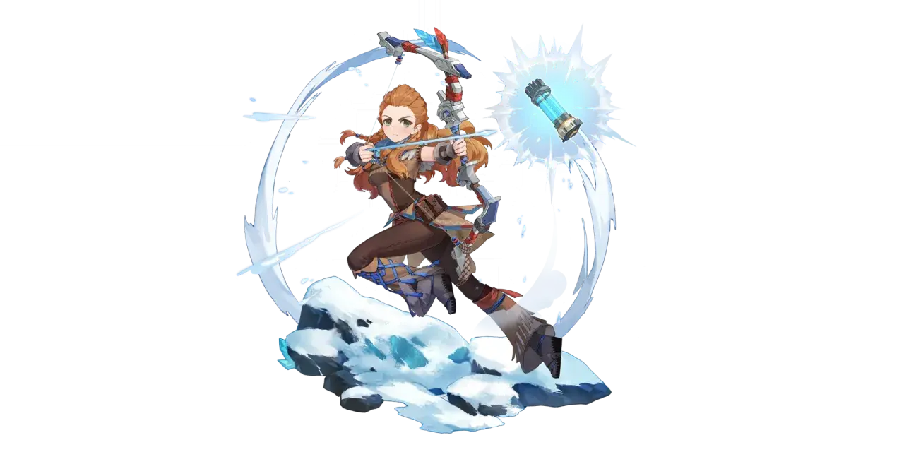Aloy z Genshin Impact w akcji, naciąga łuk, gotowa do strzału. Wokół niej wiruje lodowy żywioł.