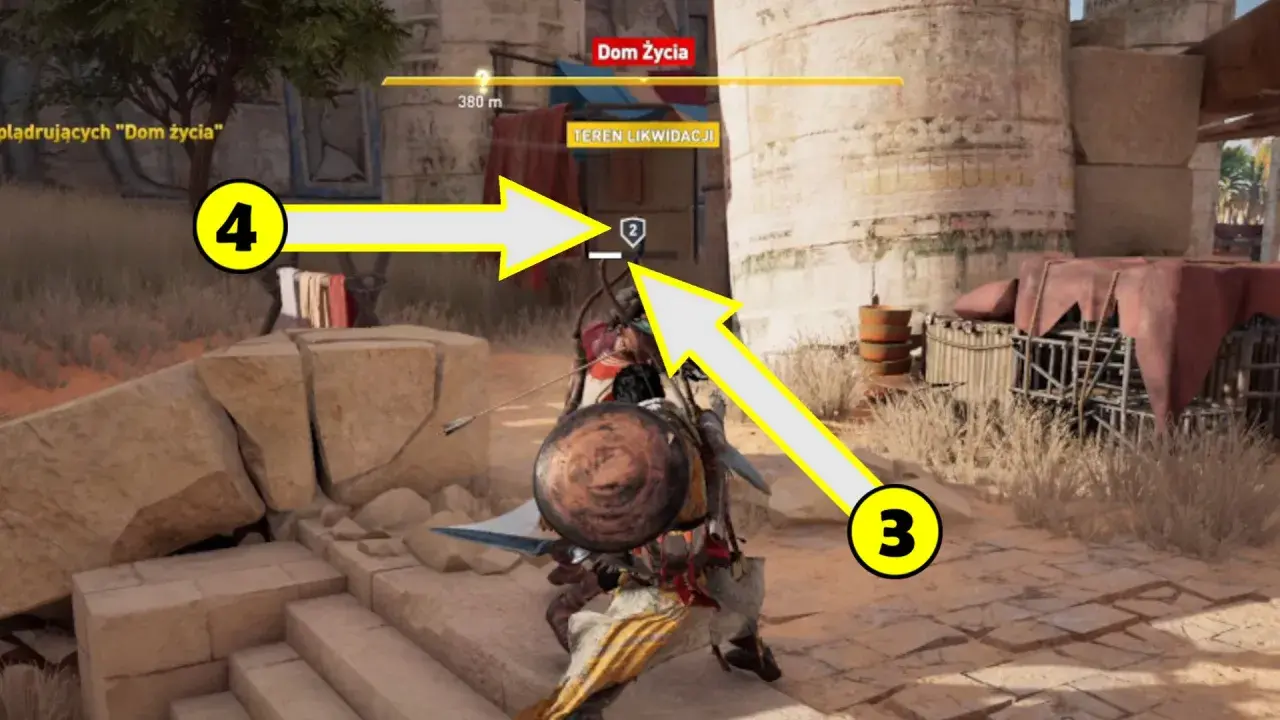 Assassin's Creed Origins poradnik: Bayek wyrusza na misję w "Domu Życia". Strzałki wskazują cele.