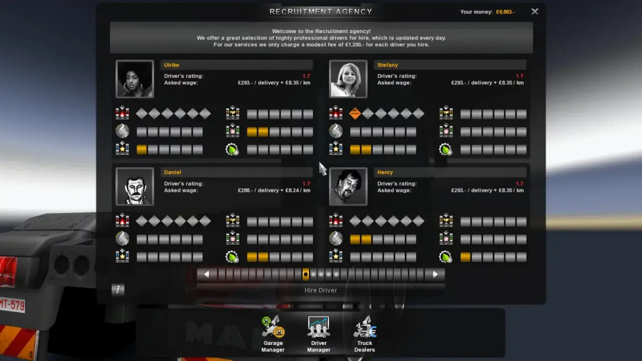 Rekrutacja kierowców w ETS2. Aby dodać pieniądze do gry, musisz zarobić je na zleceniach.