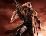 Żołnierz w pancerzu i masce z karabinem, za nim sztandar z napisem "NEW CA". Może przydać się do poszukiwania **fallout new vegas kody**.