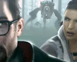 Gordon Freeman i Alyx Vance w lesie, ścigani przez Combine Advisors. Wizja z Half-Life 2: Episode Three.