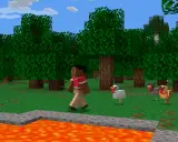 Gracz w Minecraft zbiera patyki, by zrobić smycz. Obok niego idą kury i owca.