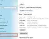 Ekran "About" w Ustawieniach Windows, pokazujący jak sprawdzić specyfikacje komputera: nazwa urządzenia, procesor, RAM, ID.