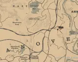 Mapa RDR2 z zaznaczonym traperem na północny zachód od Annesburga, blisko rzeki Kamassa.