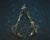 Wisiorek z gałązek, związany sznurkiem, na tle tajemniczego okręgu z symbolami. Może to być amulet ac hexe.