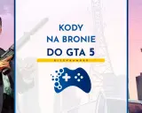 Michael z GTA 5 trzyma broń, a obok napis "Kody na bronie do GTA 5".