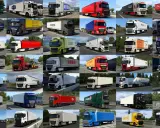 Kolekcja ets2 cars: ciężarówki różnych marek i firm transportowych, od białych po czerwone i niebieskie, jadące po drogach.