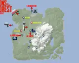 Mapa Sons of the Forest z lokalizacją łopaty, liny, kluczy i broni. Kluczowe przedmioty do zdobycia: łopata, pistolet, lina, rebreather.