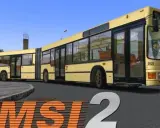 Żółty przegubowy autobus MAN na tle budynków i nieba, z logo OMSI 2.