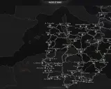 Mapa ETS 2 z zaznaczonymi miastami w Hiszpanii i Portugalii, w tym Madrytem, Barceloną i Lizboną.