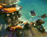 Różnorodne pojazdy z gry No Man's Sky poradnik: wielka ciężarówka, buggy, motocykl i latający pojazd na tle wodnego krajobrazu.