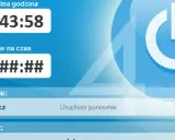 Interfejs programu do automatycznego wyłączania komputera. Aktualna godzina 14:43:58, polecenie "Wyłącz".