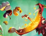 Postacie z Rayman 4 walczą z ogromnym, czerwonym smokiem.