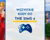Kody na relacje The Sims 4: para w garniturze i czerwonej sukni, plansza z napisem "Wszystkie kody do The Sims 4" i ikoną pada.
