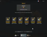 Menu umiejętności w Euro Truck Simulator 2. Poradnik pokazuje dostępne opcje: dalekie trasy, cenne ładunki, delikatne przesyłki, dostawy na czas, ekodriving i niebezpieczne towary.