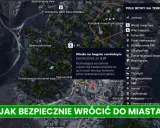Mapa terenu gry z zaznaczonymi punktami, celami i informacjami o zagrożeniach. Wskazuje drogę do bezpiecznego powrotu do miasta.