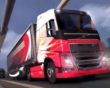 Czerwone ciężarówki ets2 z efektownymi grafikami pędzą po autostradzie.