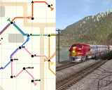 Mapa linii kolejowych i czerwony pociąg w górskim krajobrazie. Symulator spedytora.