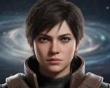 Młoda kobieta o niebieskich oczach i krótkich brązowych włosach, ubrana w skórzaną kurtkę. Idealna jako awatary do gier science-fiction.