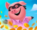 Uśmiechnięta świnka w masce złodziejaszka, otoczona spadającymi monetami. Prawdziwy mistrz spiny coin masters!