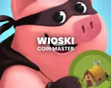 Świnia w masce złodzieja trzyma domek z gry Coin Master. Poznaj ceny wiosek Coin Master i buduj swoje imperium!