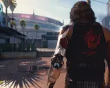 Cyberpunk 2077: ile godzin gry? Mężczyzna z cybernetycznym ramieniem i symbolem Samuraja na kamizelce w futurystycznym mieście.