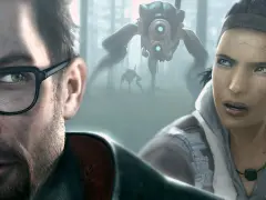 Gordon Freeman i Alyx Vance w lesie, ścigani przez Combine Advisors. Wizja z Half-Life 2: Episode Three.