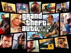 Kody GTA 5 PS5: kolaż postaci z gry, w tym Michael, Franklin, Trevor, Chop i inne.