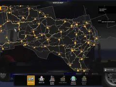 Mapa świata w grze ETS2, pokazująca południowo-zachodnie Stany Zjednoczone. Widoczne miasta to m.in. Albuquerque, El Paso, Dallas, Houston. To jest dlc mapowe ets2.