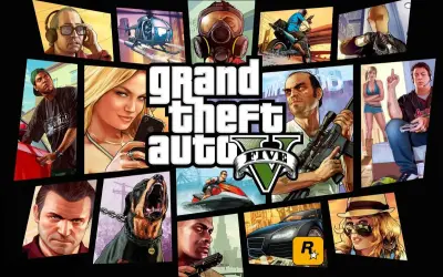 Kody GTA 5 PS5: kolaż postaci z gry, w tym Michael, Franklin, Trevor, Chop i inne.