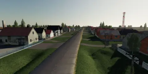 Droga przez wieś z domkami i wieżą telekomunikacyjną. Idealna sceneria dla fs 19 mapy.