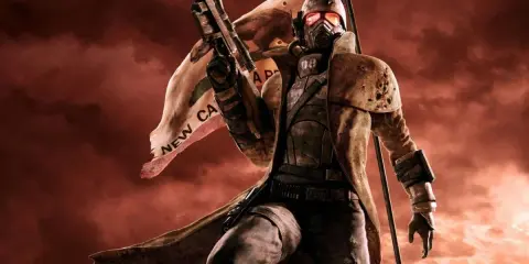 Żołnierz w pancerzu i masce z karabinem, za nim sztandar z napisem "NEW CA". Może przydać się do poszukiwania **fallout new vegas kody**.