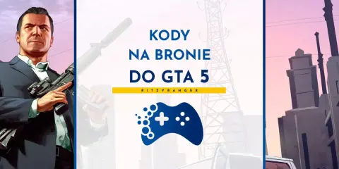 Michael z GTA 5 trzyma broń, a obok napis "Kody na bronie do GTA 5".