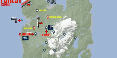 Mapa Sons of the Forest z lokalizacją łopaty, liny, kluczy i broni. Kluczowe przedmioty do zdobycia: łopata, pistolet, lina, rebreather.