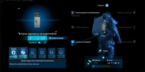 Tworzenie sprayu naprawczego w Death Stranding. Poradnik pokazuje zasoby potrzebne do wytworzenia przedmiotu.