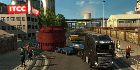 Ciężarówka z naczepą realizuje specjalny transport ets2, przewożąc ogromny czerwony element przemysłowy.