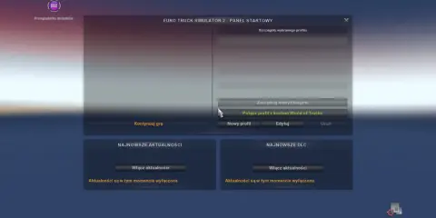 Panel startowy Euro Truck Simulator 2. Możesz kontynuować grę, edytować lub usunąć swój ets 2 save.