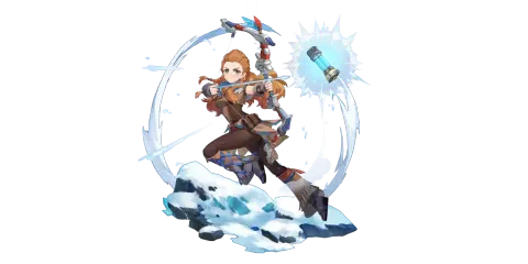 Aloy z Genshin Impact w akcji, naciąga łuk, gotowa do strzału. Wokół niej wiruje lodowy żywioł.