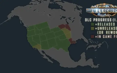 Mapa DLC American Truck Simulator. Zielone stany wydane, żółte nie wydane/przerabiane, czerwone w plikach gry.